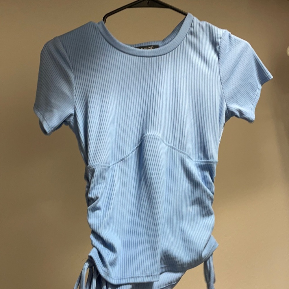 Blue shirt brand new, adjustable crop top,